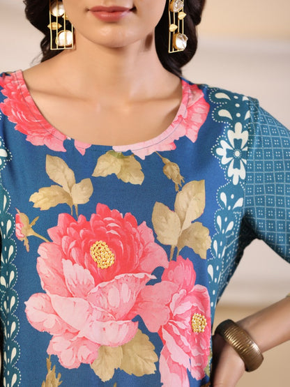 Juniper Women's Blue Rayon Floral Printed Straight Kurta - Distacart