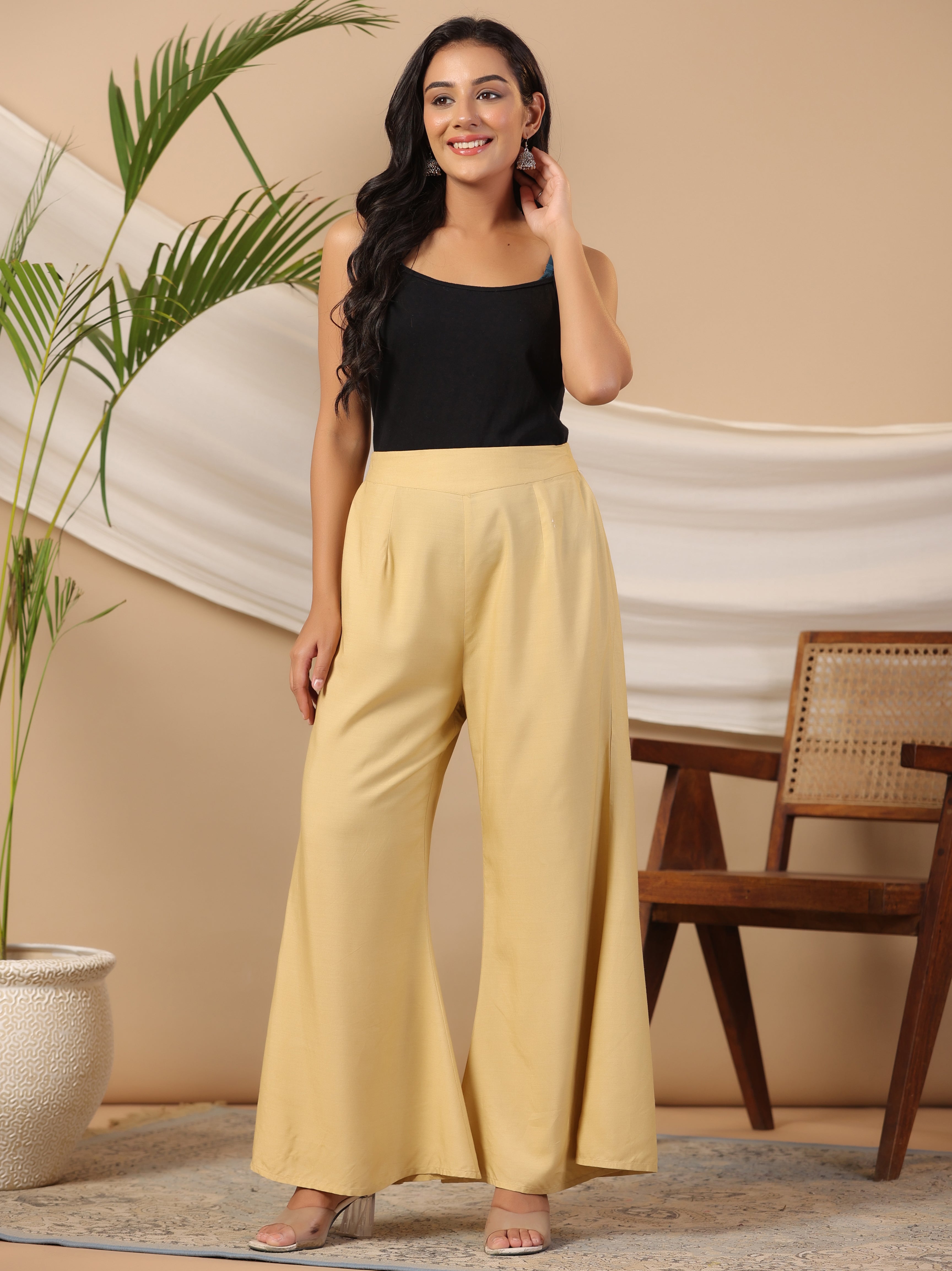 Juniper Beige Modal Rayon Women Partially Elasticated Bell Bottom Pants With Single Side Pocket - Distacart