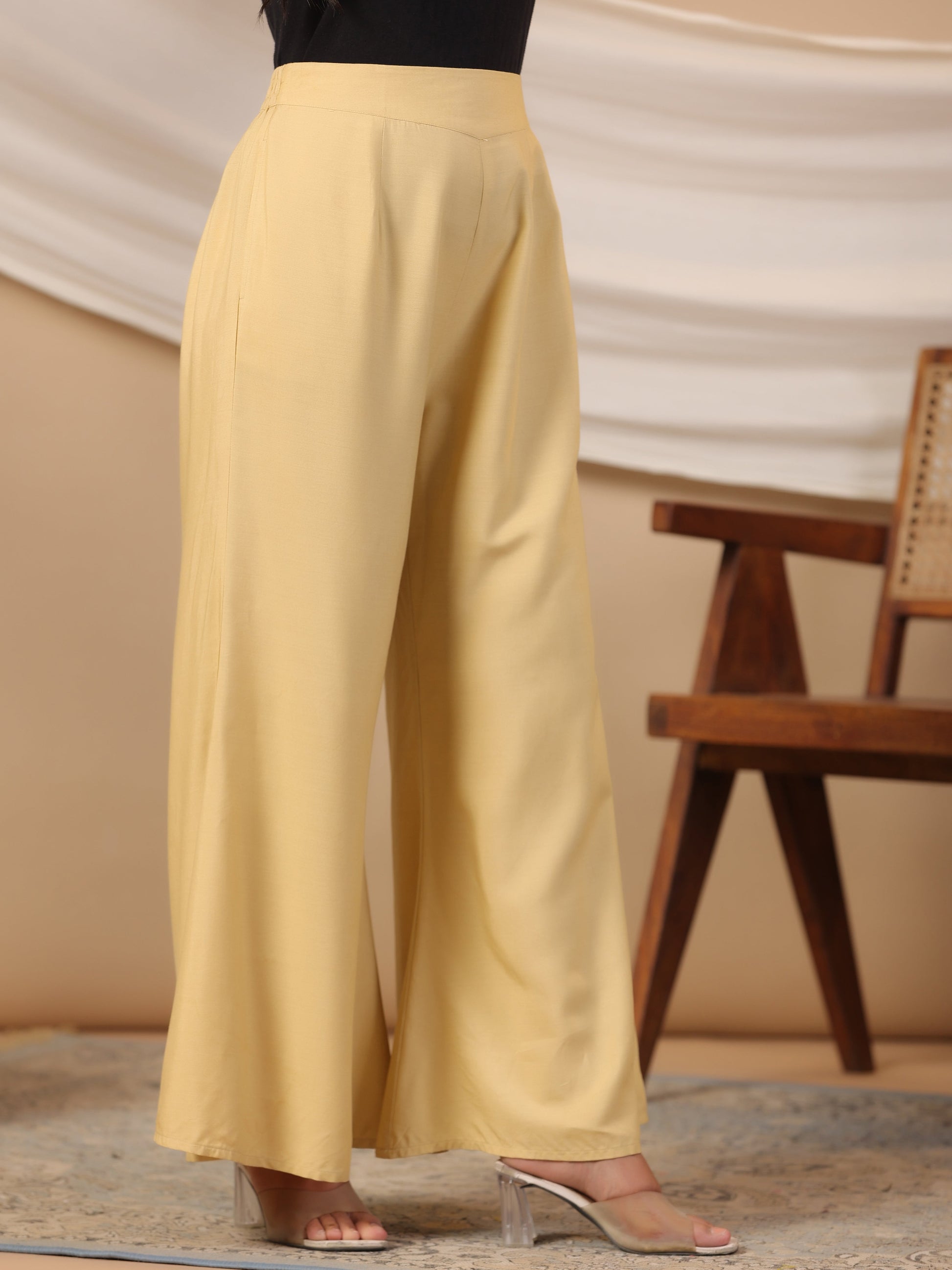 Juniper Beige Modal Rayon Women Partially Elasticated Bell Bottom Pants With Single Side Pocket - Distacart