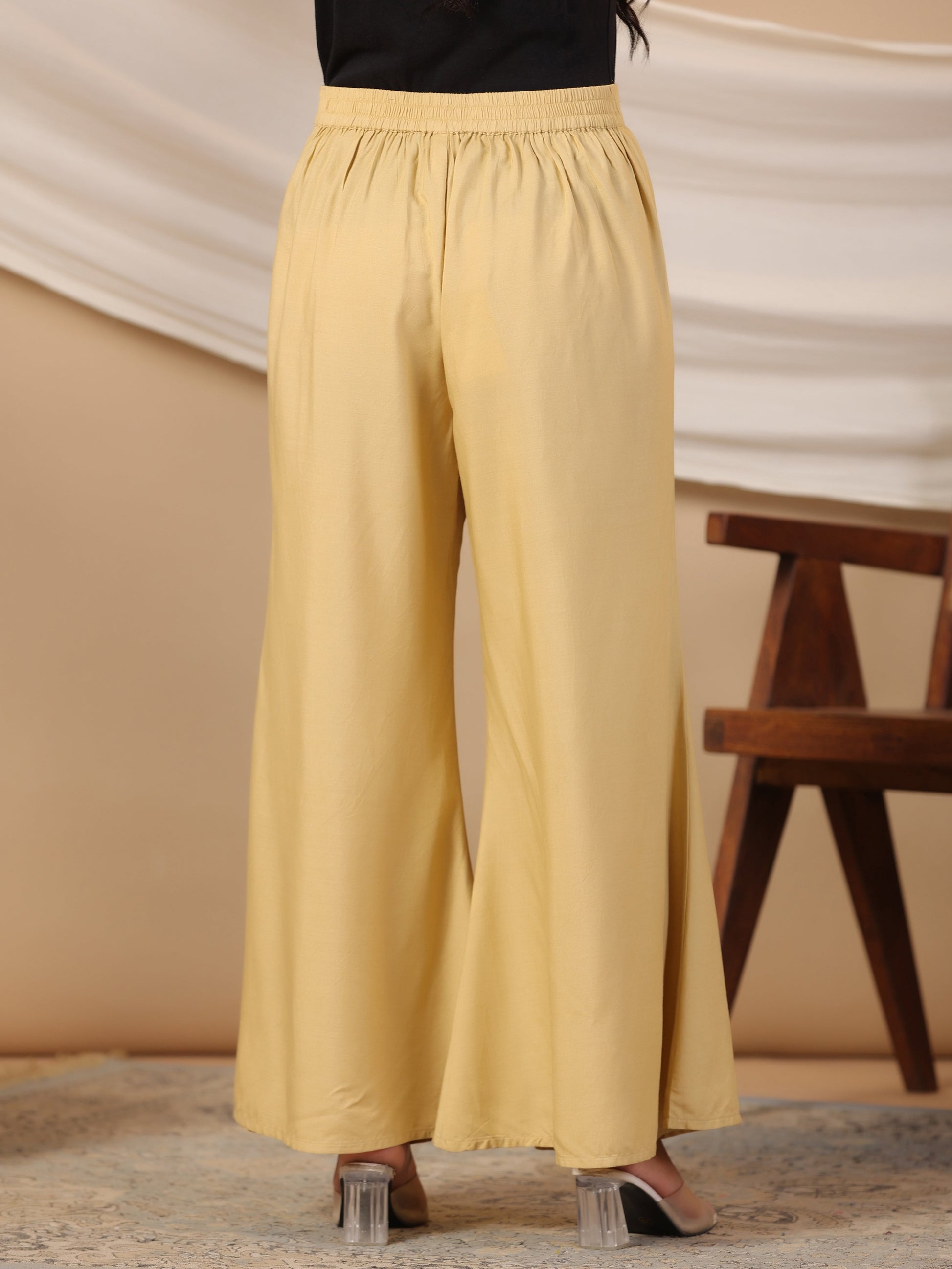 Juniper Beige Modal Rayon Women Partially Elasticated Bell Bottom Pants With Single Side Pocket - Distacart