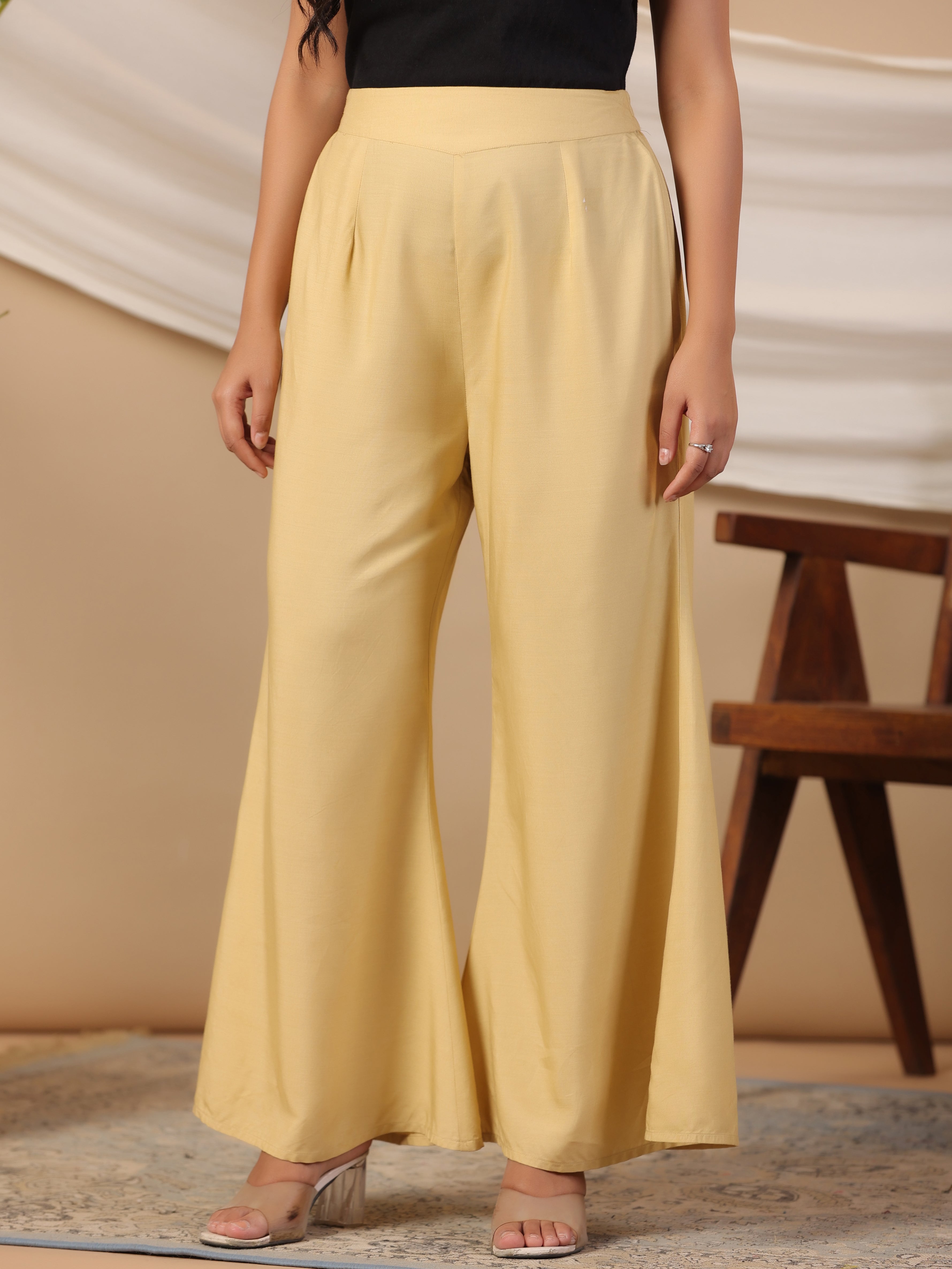 Juniper Beige Modal Rayon Women Partially Elasticated Bell Bottom Pants With Single Side Pocket - Distacart