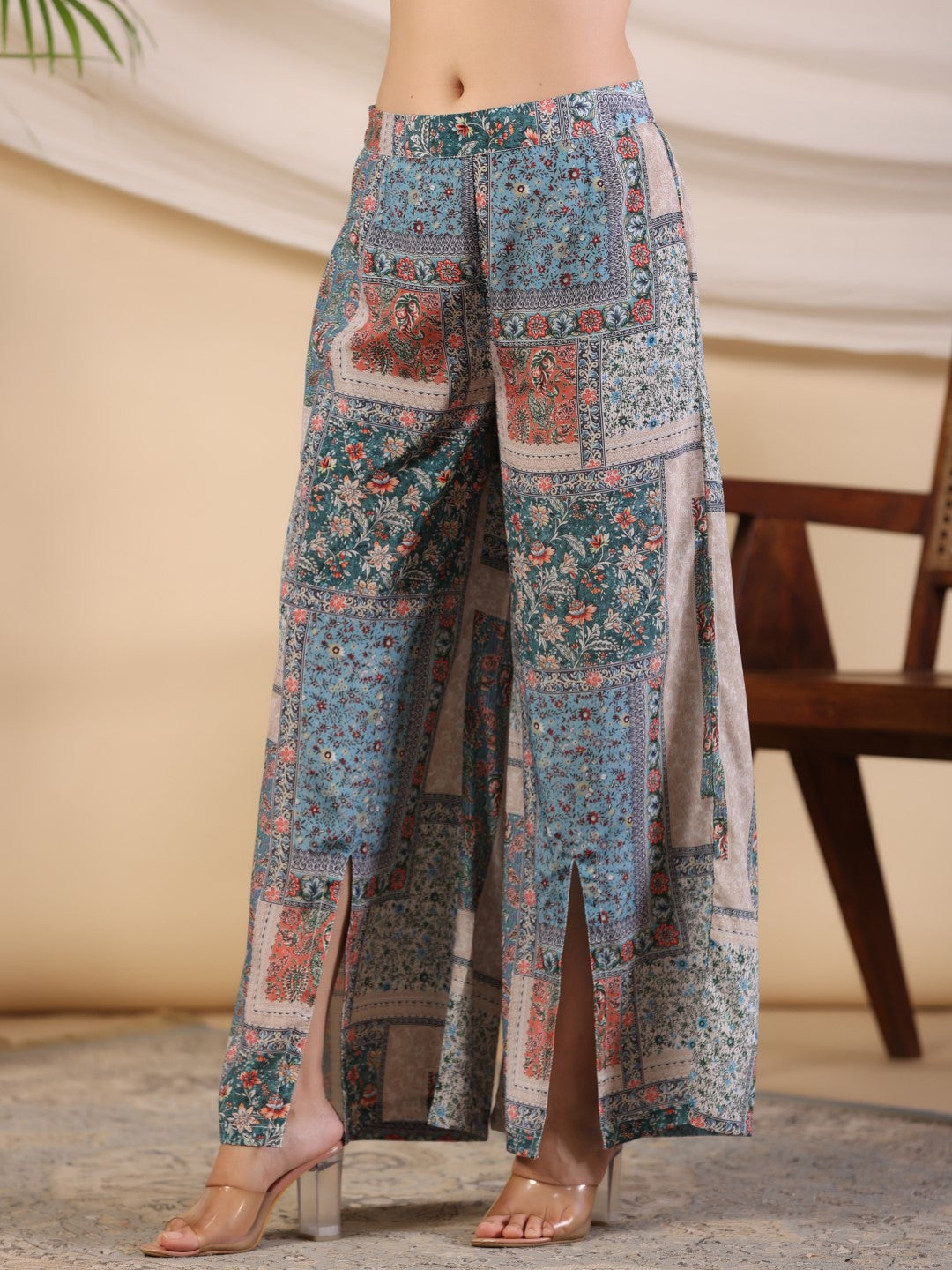 Juniper The Ornamental Blooms Women Silk Floral Printed Blue Shirt With Pants Co-Ord Set - Distacart