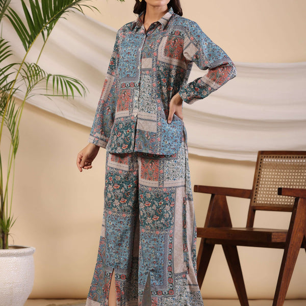 Juniper The Ornamental Blooms Women Silk Floral Printed Blue Shirt With Pants Co-Ord Set - Distacart