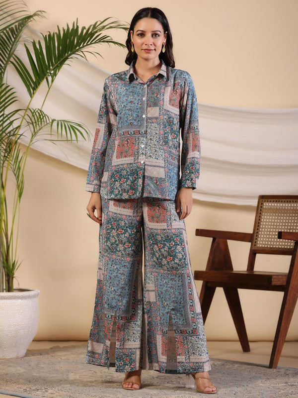 Juniper The Ornamental Blooms Women Silk Floral Printed Blue Shirt With Pants Co-Ord Set - Distacart