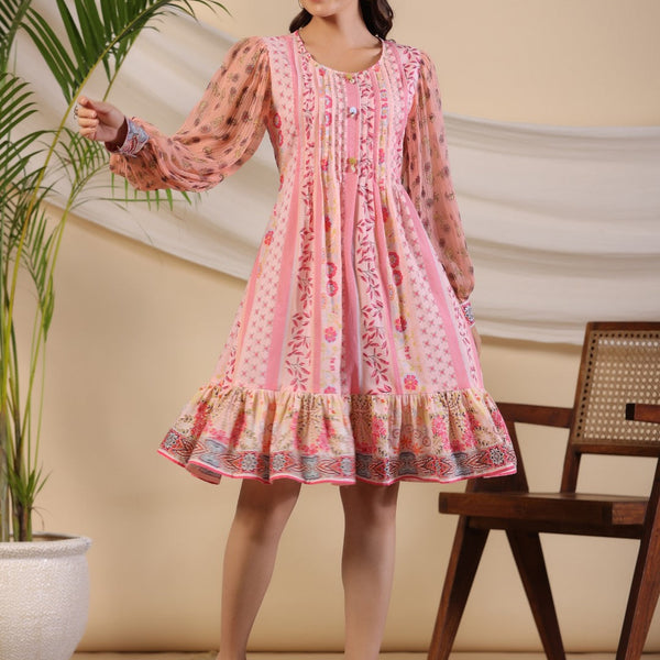 Juniper Women's Pink Wonderland Floral Printed Pure Cotton Midi Dress With Pintucks & 3D Handwork - Distacart