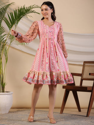 Juniper Women's Pink Wonderland Floral Printed Pure Cotton Midi Dress With Pintucks & 3D Handwork - Distacart