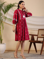 Thumbnail for Juniper Women Wine Rayon Embroidered Short Dress - Distacart
