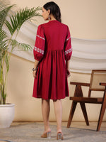 Thumbnail for Juniper Women Wine Rayon Embroidered Short Dress - Distacart