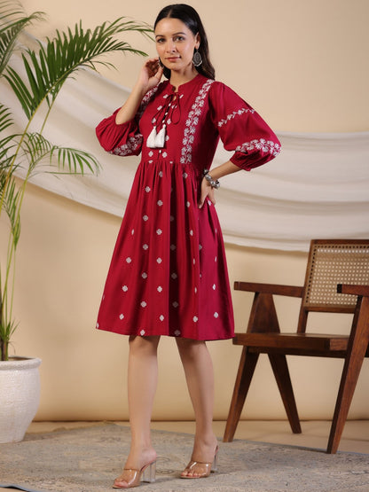 Juniper Women Wine Rayon Embroidered Short Dress - Distacart