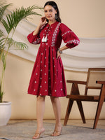 Thumbnail for Juniper Women Wine Rayon Embroidered Short Dress - Distacart