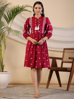 Thumbnail for Juniper Women Wine Rayon Embroidered Short Dress - Distacart