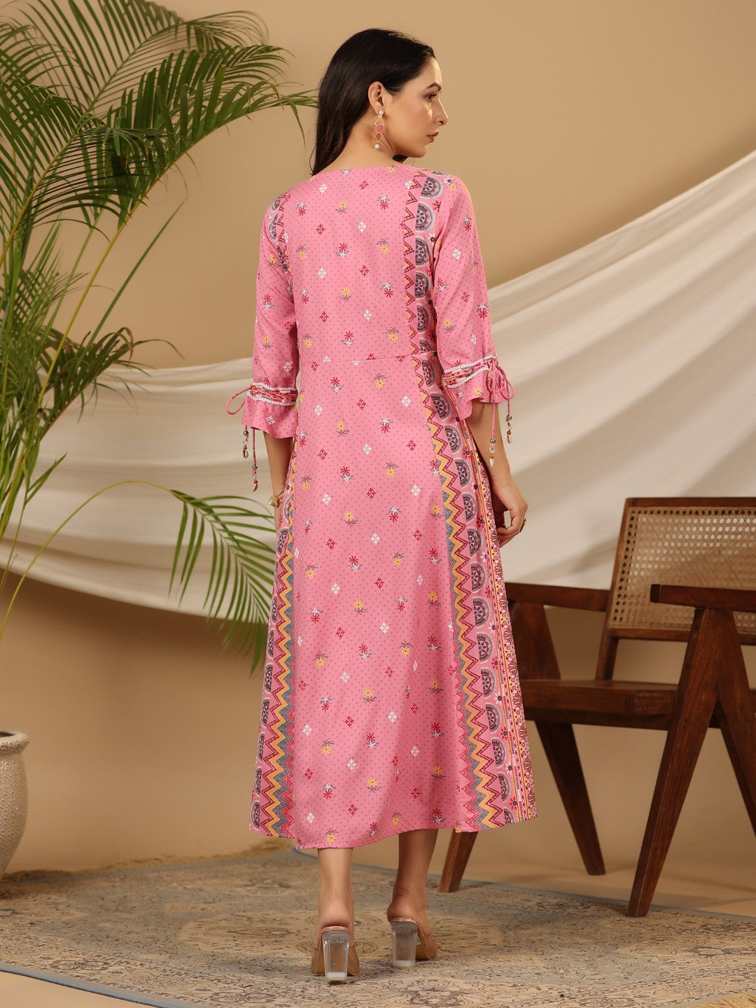 Juniper Women Pink Rayon Printed Flared Jacket Style Maxi Dress - Distacart