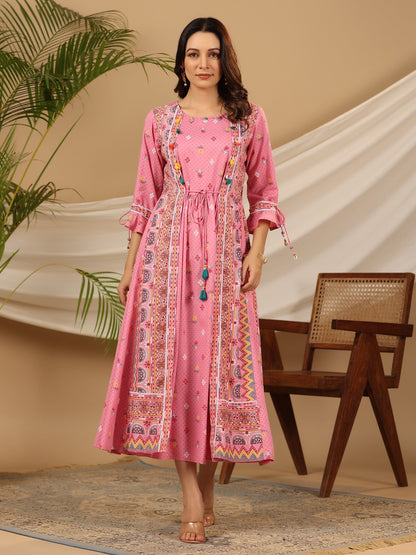 Juniper Women Pink Rayon Printed Flared Jacket Style Maxi Dress - Distacart