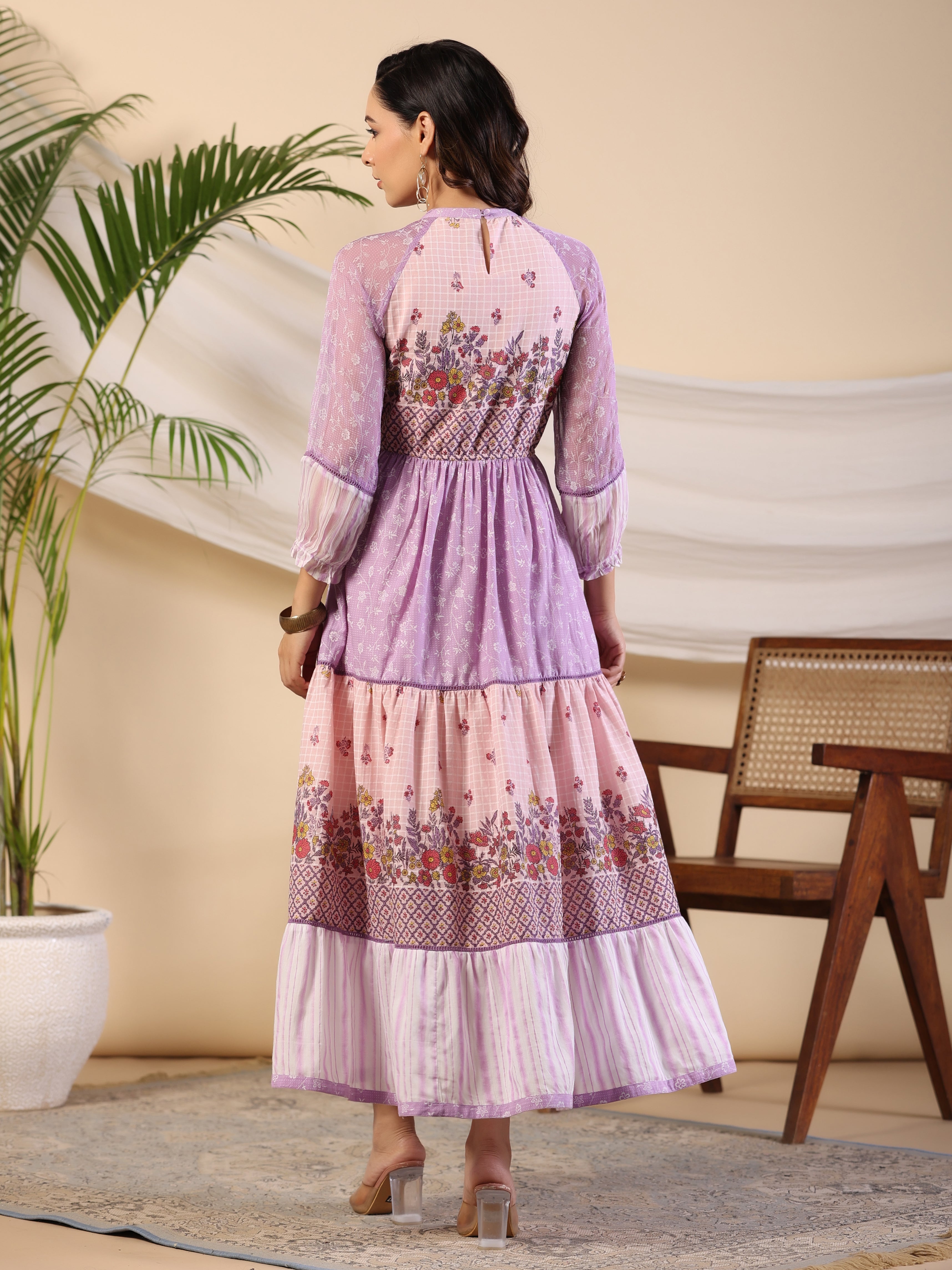 Juniper Purple Wonderland Cotton & Chiffon Floral Printed Tiered Maxi Dress With Lace & 3D Handwork - Distacart