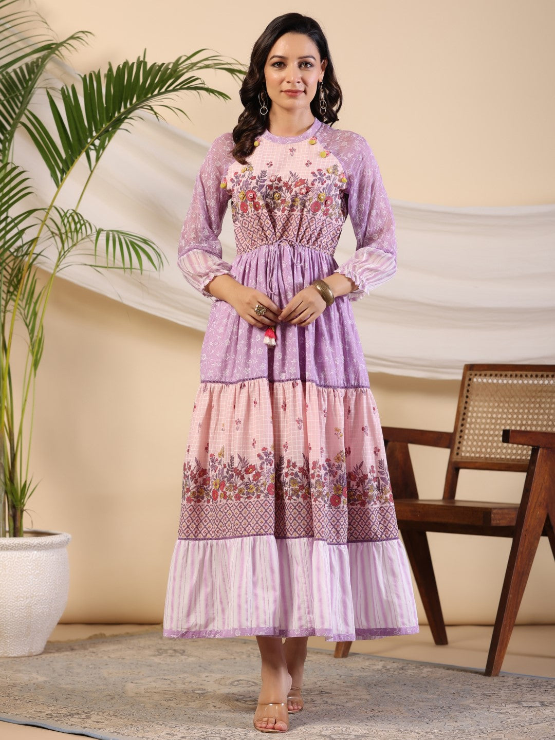 Juniper Purple Wonderland Cotton & Chiffon Floral Printed Tiered Maxi Dress With Lace & 3D Handwork