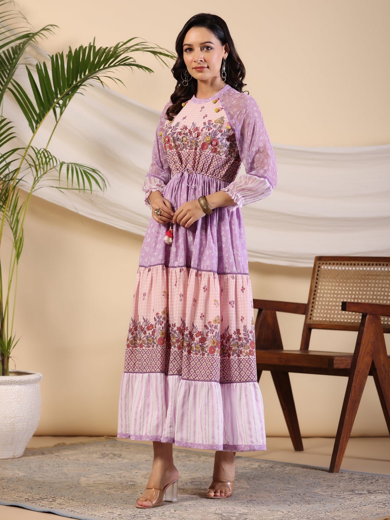 Juniper Purple Wonderland Cotton & Chiffon Floral Printed Tiered Maxi Dress With Lace & 3D Handwork