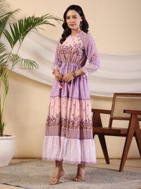 Thumbnail for Juniper Purple Wonderland Cotton & Chiffon Floral Printed Tiered Maxi Dress With Lace & 3D Handwork