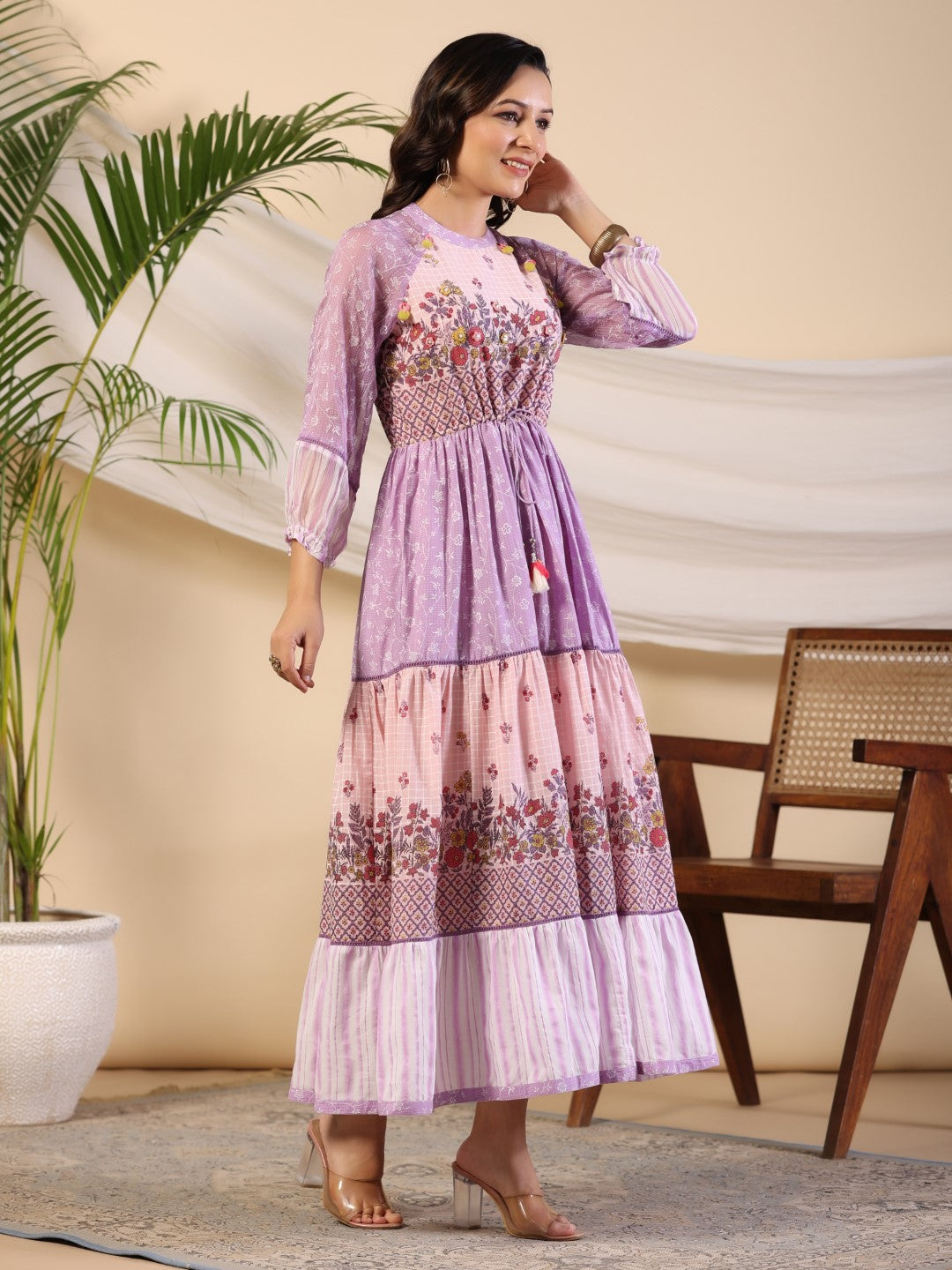 Juniper Purple Wonderland Cotton & Chiffon Floral Printed Tiered Maxi Dress With Lace & 3D Handwork