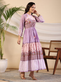 Thumbnail for Juniper Purple Wonderland Cotton & Chiffon Floral Printed Tiered Maxi Dress With Lace & 3D Handwork