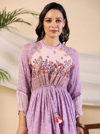 Thumbnail for Juniper Purple Wonderland Cotton & Chiffon Floral Printed Tiered Maxi Dress With Lace & 3D Handwork