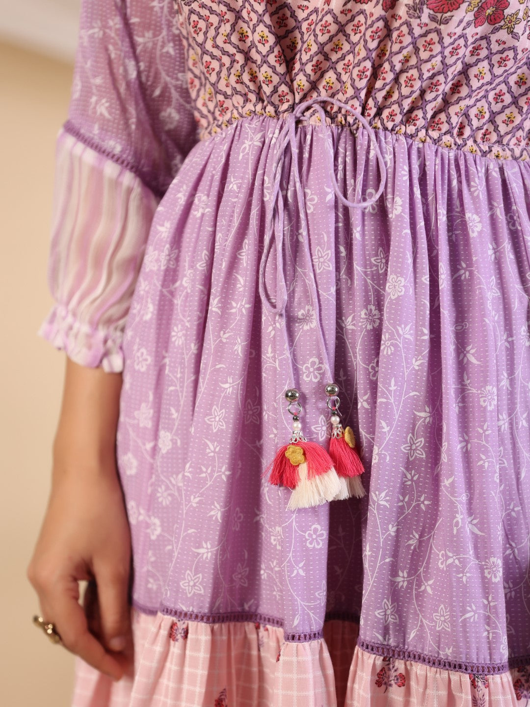 Juniper Purple Wonderland Cotton & Chiffon Floral Printed Tiered Maxi Dress With Lace & 3D Handwork