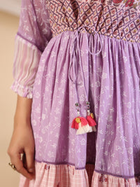 Thumbnail for Juniper Purple Wonderland Cotton & Chiffon Floral Printed Tiered Maxi Dress With Lace & 3D Handwork