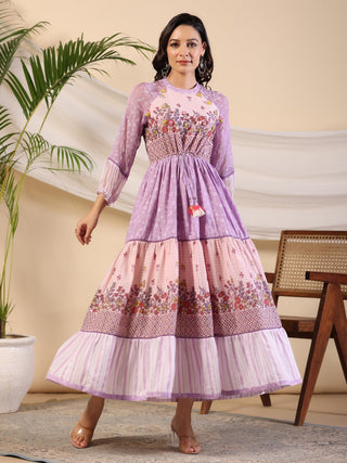Juniper Purple Wonderland Cotton & Chiffon Floral Printed Tiered Maxi Dress With Lace & 3D Handwork - Distacart
