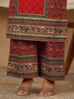 Thumbnail for Juniper Red Madhubala Pure Cotton Ethnic Motif Printed Laced Kurta With Palazzo & Dupatta (3-Pcs) - Distacart