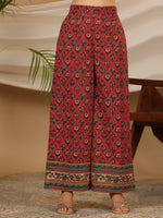 Thumbnail for Juniper Red Madhubala Pure Cotton Ethnic Motif Printed Laced Kurta With Palazzo & Dupatta (3-Pcs) - Distacart
