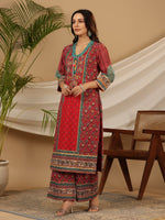 Thumbnail for Juniper Red Madhubala Pure Cotton Ethnic Motif Printed Laced Kurta With Palazzo & Dupatta (3-Pcs) - Distacart