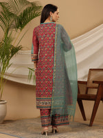 Thumbnail for Juniper Red Madhubala Pure Cotton Ethnic Motif Printed Laced Kurta With Palazzo & Dupatta (3-Pcs) - Distacart