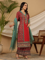 Thumbnail for Juniper Red Madhubala Pure Cotton Ethnic Motif Printed Laced Kurta With Palazzo & Dupatta (3-Pcs) - Distacart