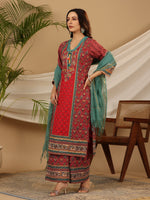 Thumbnail for Juniper Red Madhubala Pure Cotton Ethnic Motif Printed Laced Kurta With Palazzo & Dupatta (3-Pcs) - Distacart