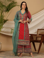 Thumbnail for Juniper Red Madhubala Pure Cotton Ethnic Motif Printed Laced Kurta With Palazzo & Dupatta (3-Pcs) - Distacart