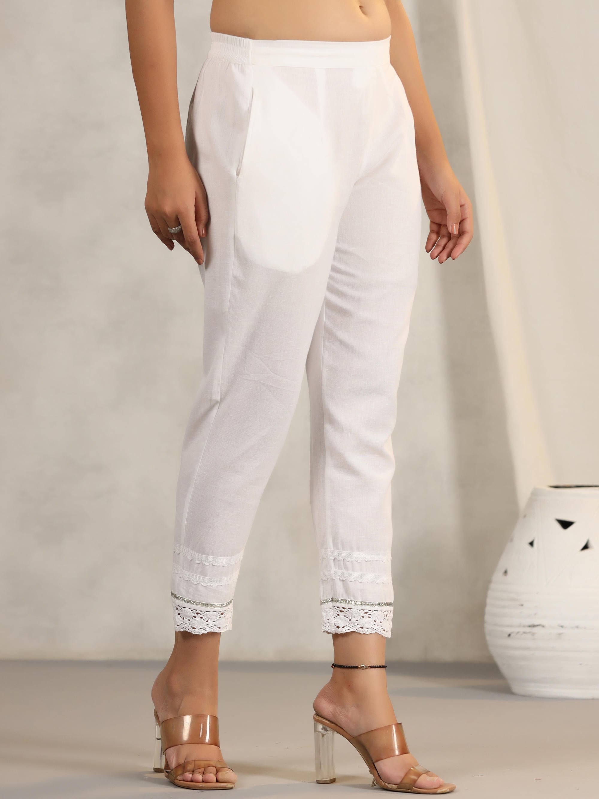 Juniper Women's White Soild Cotton Flex Pants With Lace Work - Distacart