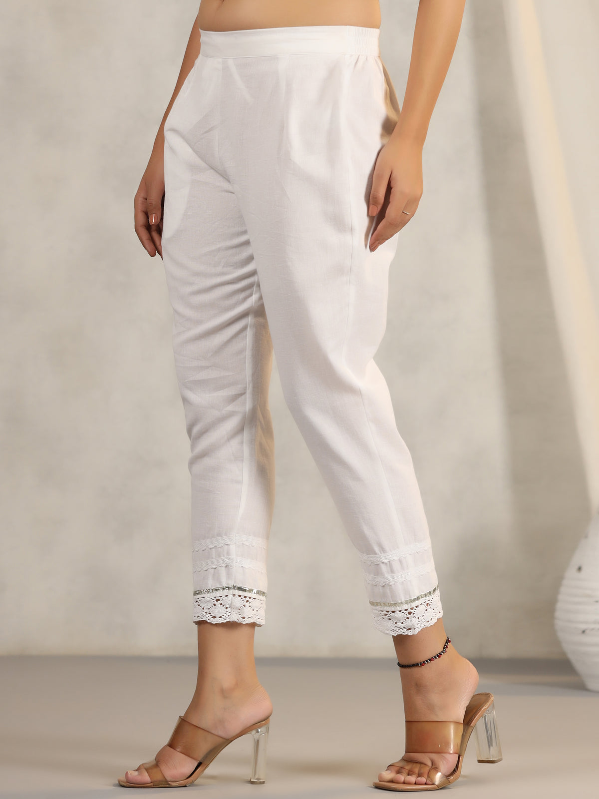 Juniper Women's Off White Soild Cotton Flex Pants With Lace Work - Distacart