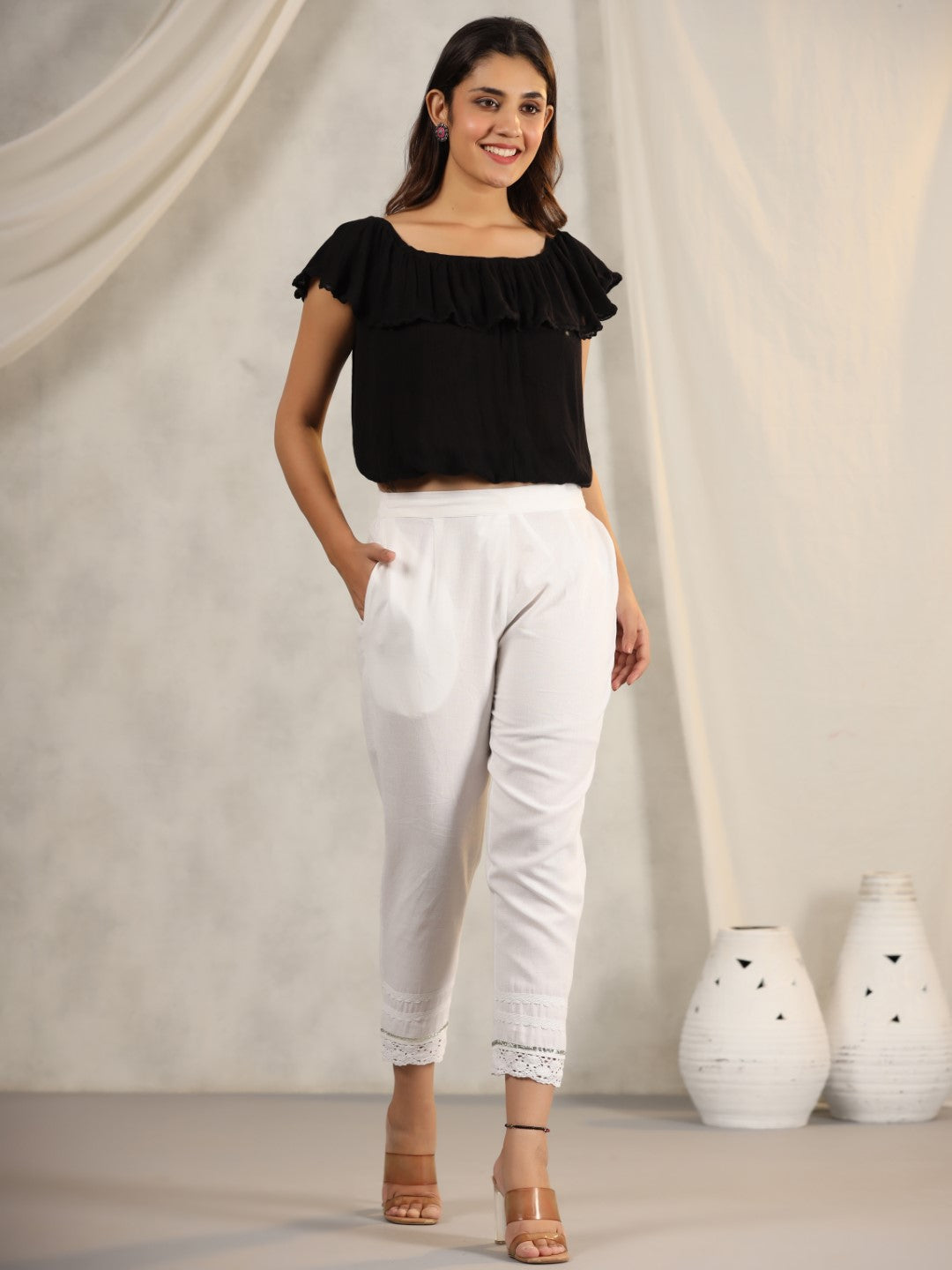Juniper Women's White Soild Cotton Flex Pants With Lace Work - Distacart