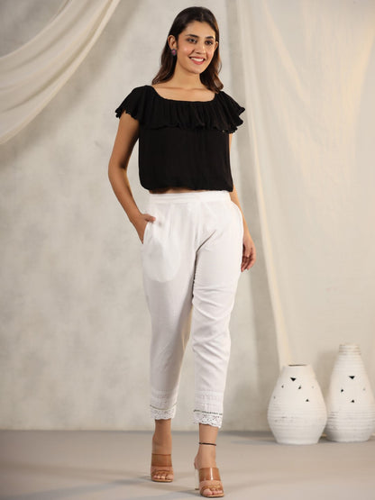 Juniper Women's White Soild Cotton Flex Pants With Lace Work - Distacart