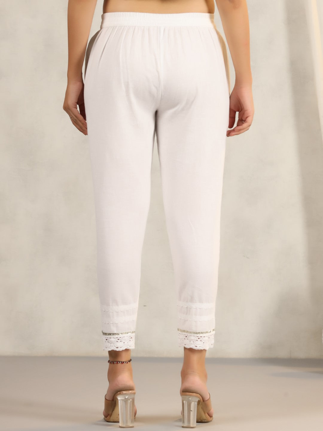 Juniper Women's White Soild Cotton Flex Pants With Lace Work - Distacart