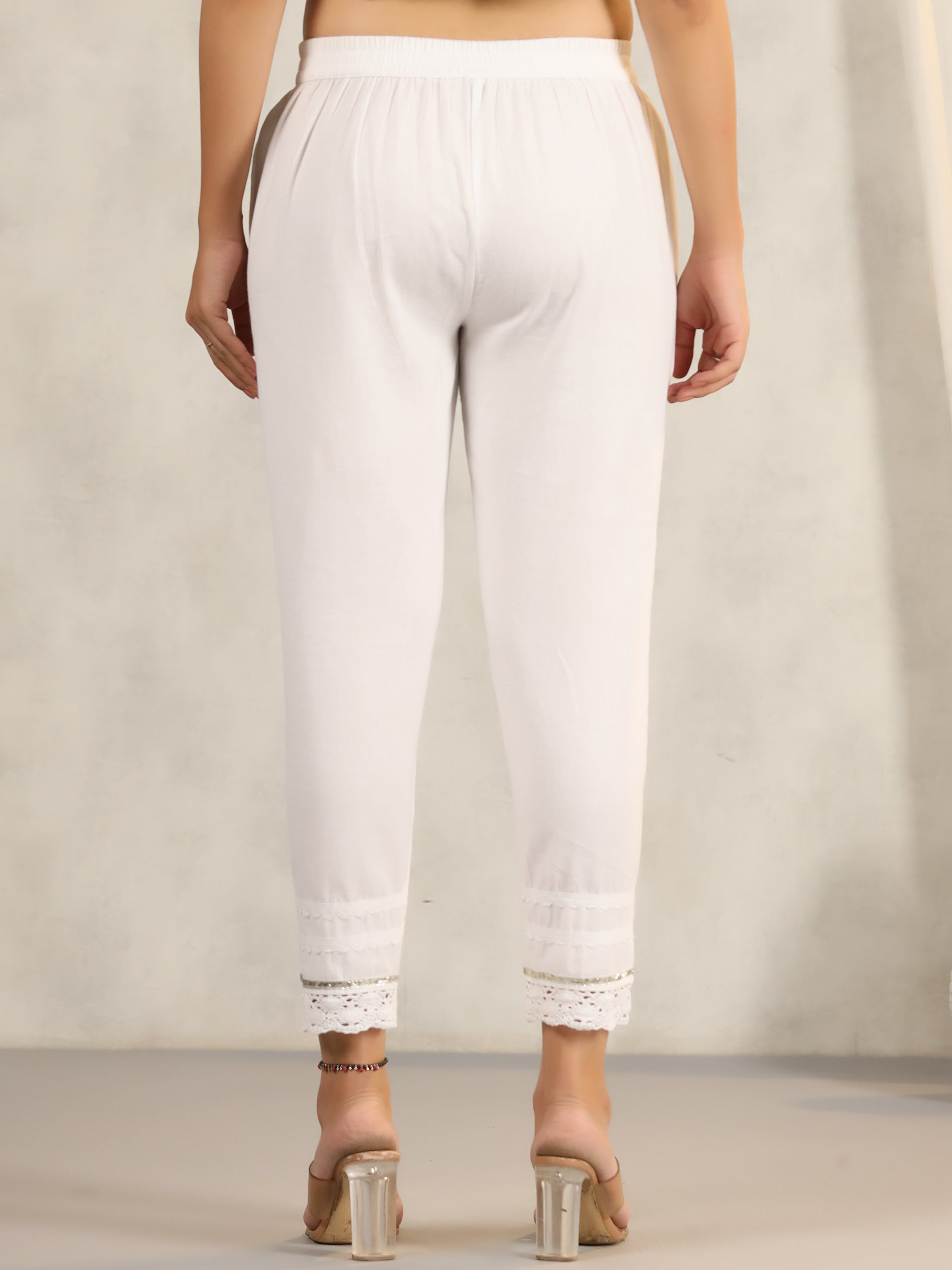 Juniper Women's Off White Soild Cotton Flex Pants With Lace Work - Distacart