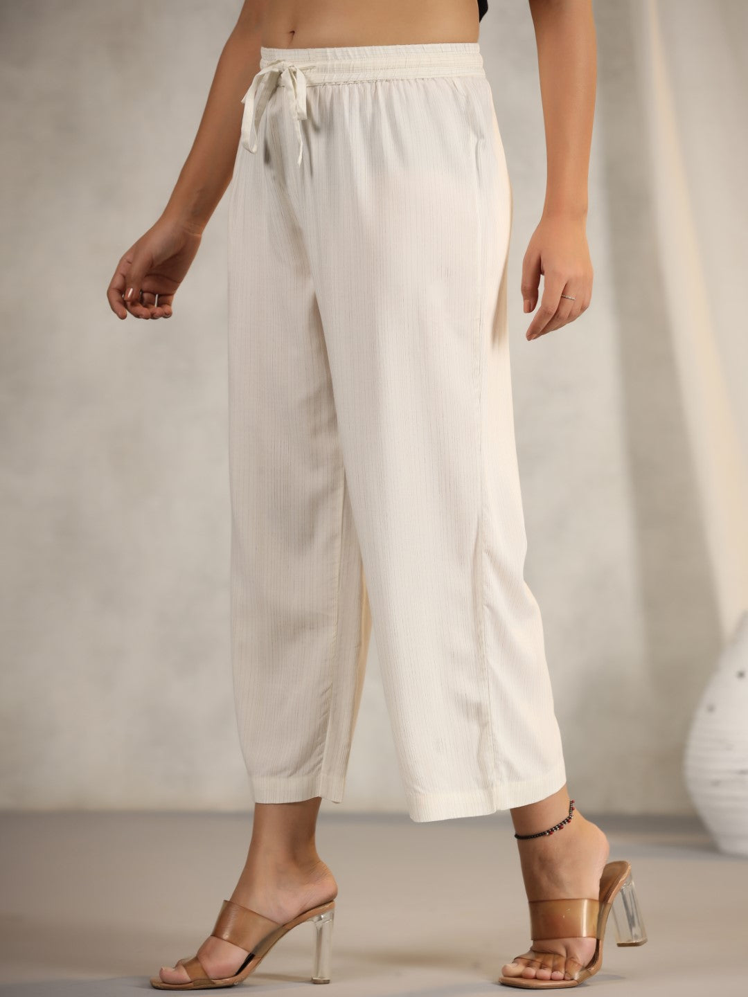 Juniper Women's Ivory Stripped Modal Rayon Women Pants With Single Side Pockets & Drawstring - Distacart