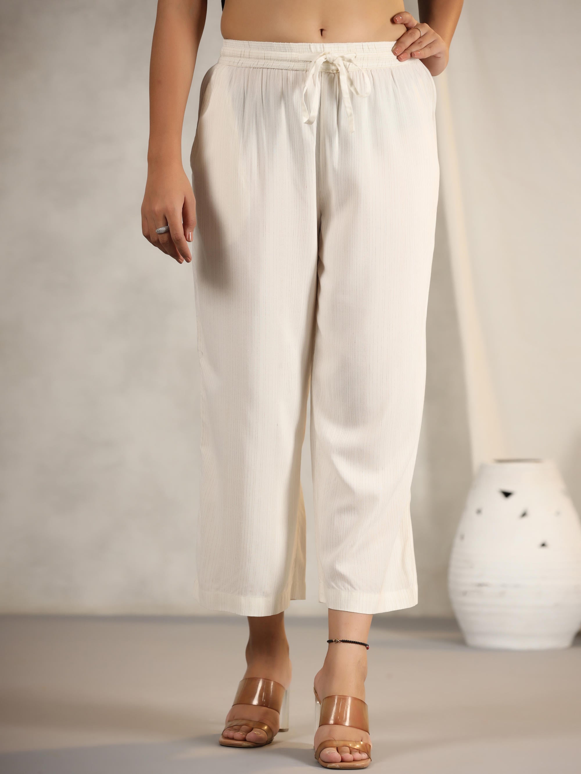 Juniper Women's Ivory Stripped Modal Rayon Women Pants With Single Side Pockets & Drawstring - Distacart