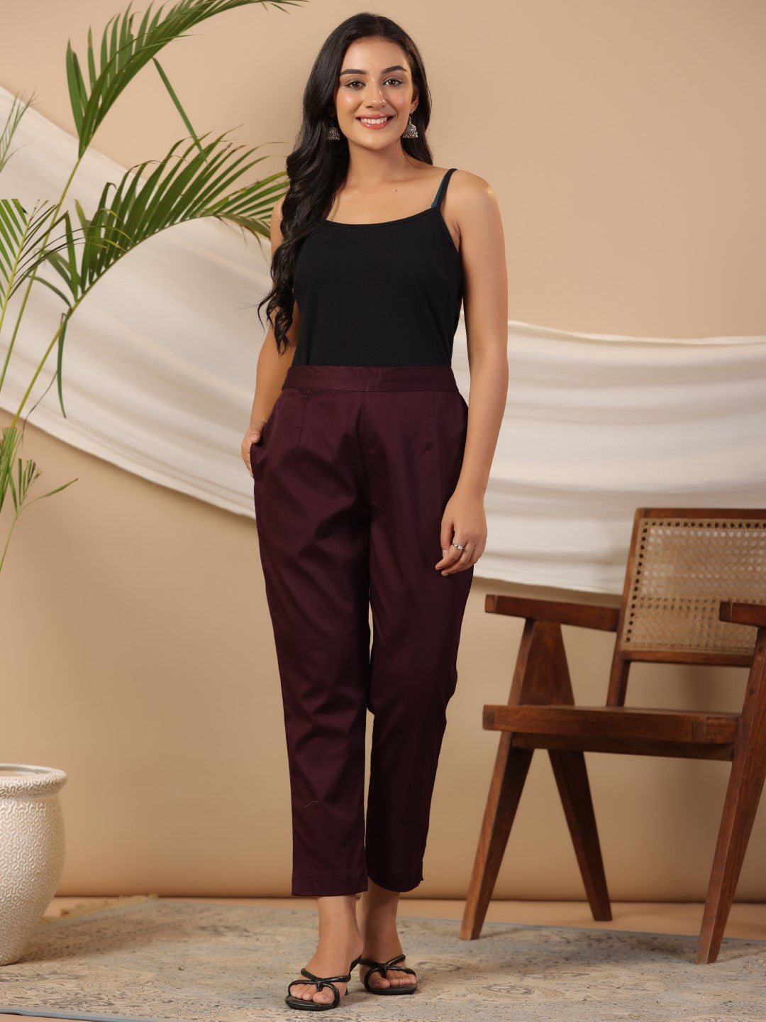 Juniper Plum Cotton Lycra Solid Slim Fit Pants with Partially Elasticated Waistband and a Side Pocket - Distacart