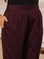 Thumbnail for Juniper Plum Cotton Lycra Solid Slim Fit Pants with Partially Elasticated Waistband and a Side Pocket