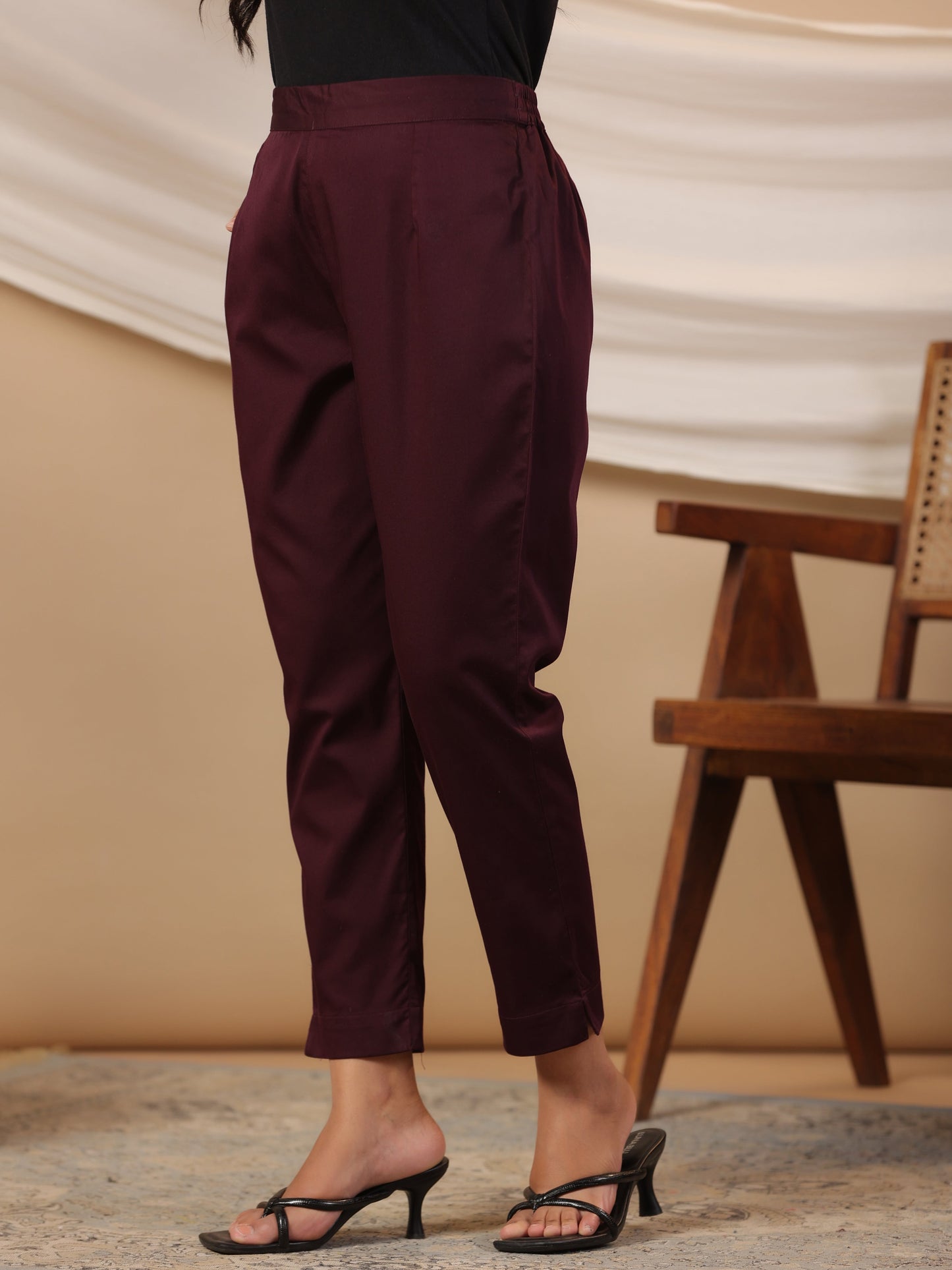 Juniper Plum Cotton Lycra Solid Slim Fit Pants with Partially Elasticated Waistband and a Side Pocket - Distacart