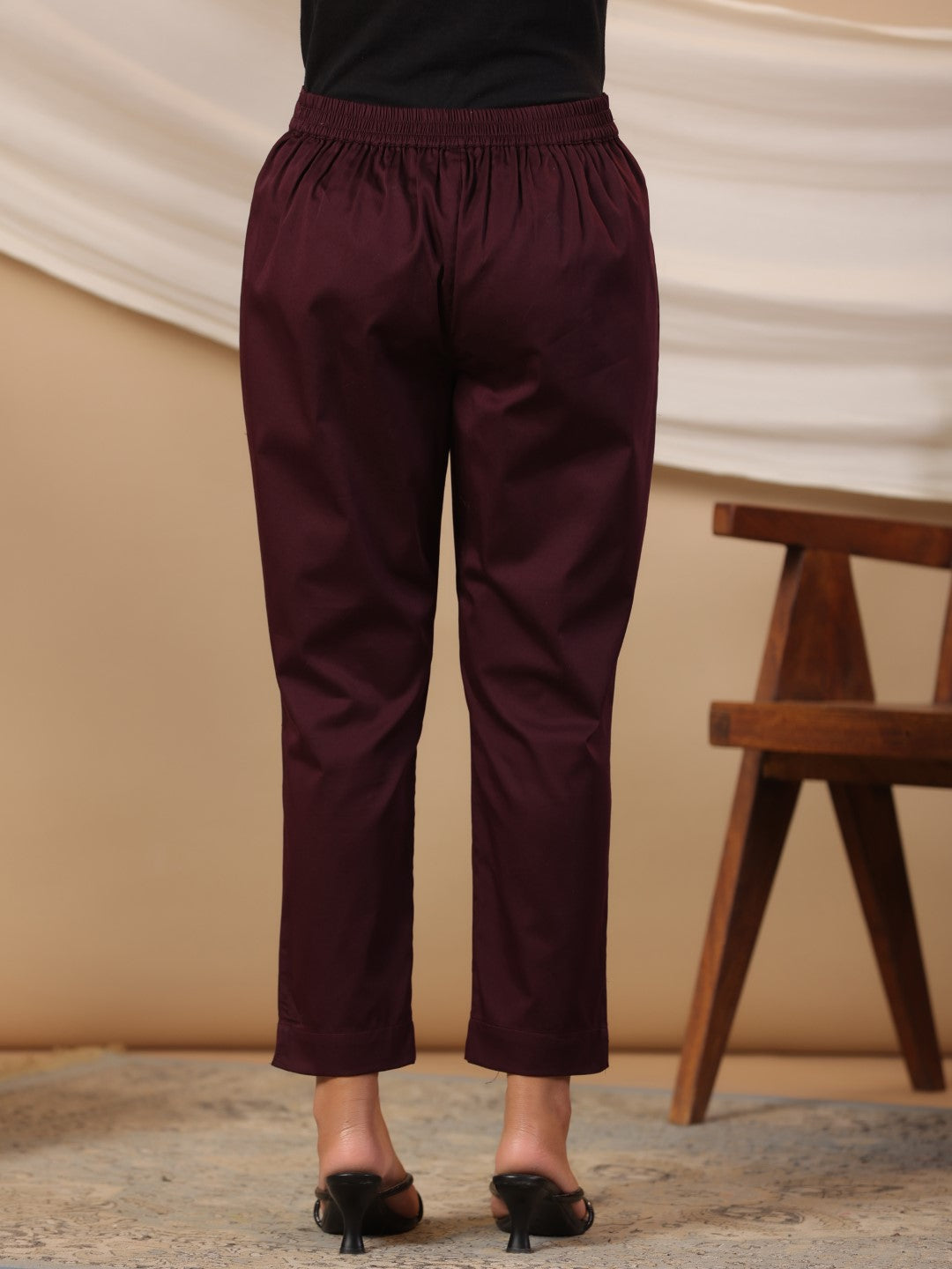 Juniper Plum Cotton Lycra Solid Slim Fit Pants with Partially Elasticated Waistband and a Side Pocket