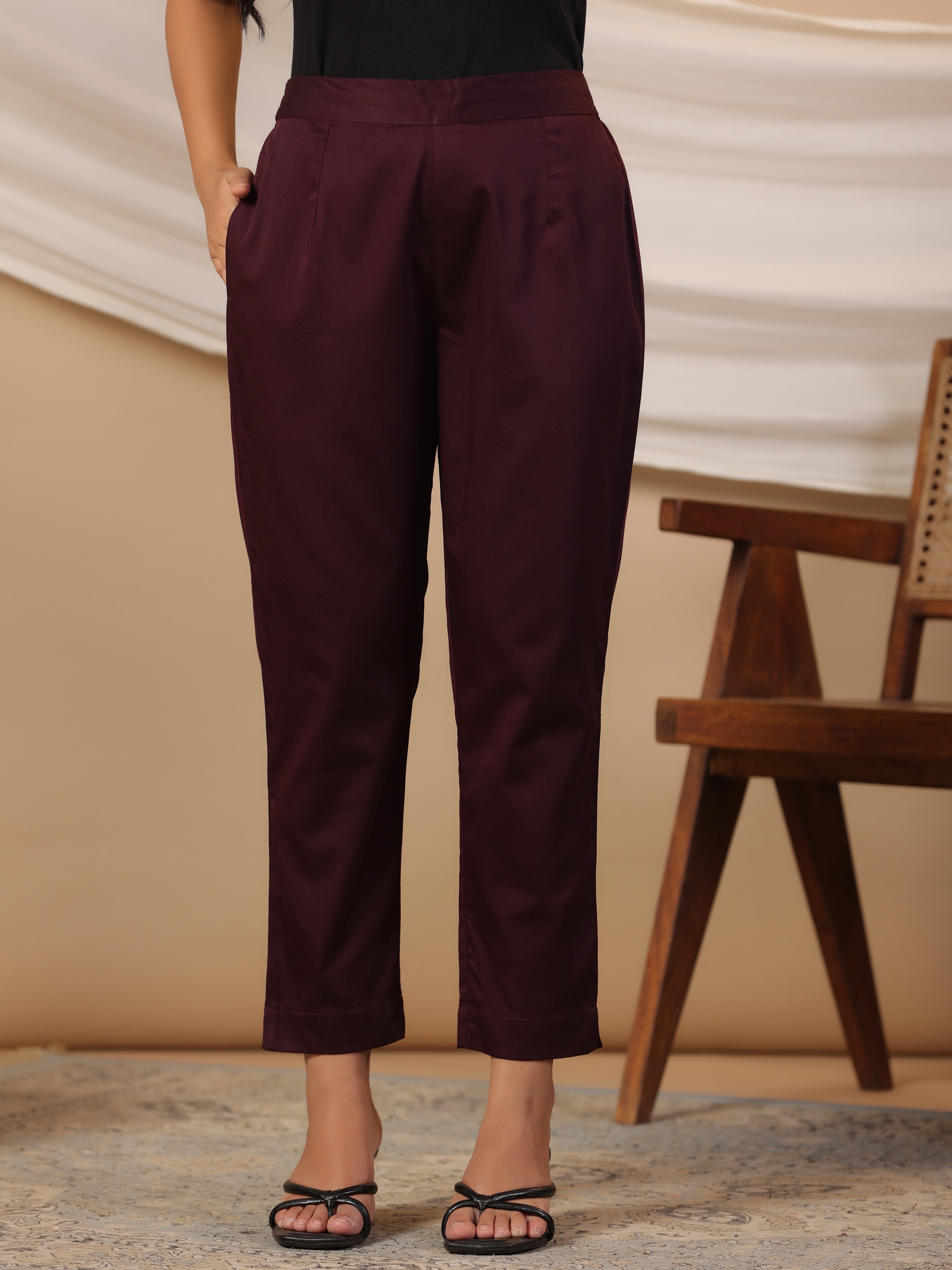 Juniper Plum Cotton Lycra Solid Slim Fit Pants with Partially Elasticated Waistband and a Side Pocket - Distacart