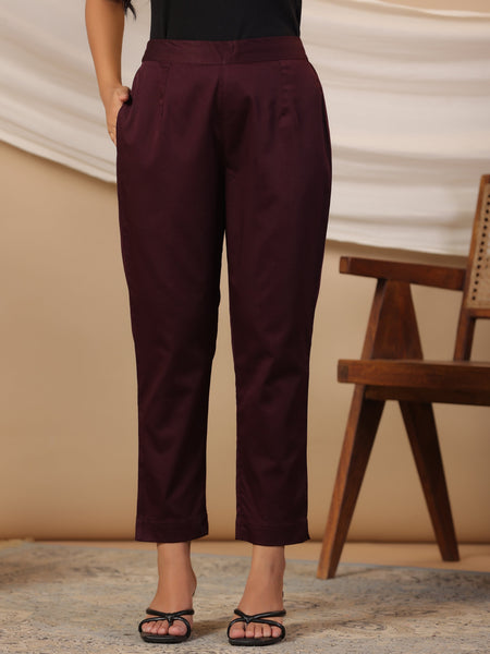 Juniper Plum Cotton Lycra Solid Slim Fit Pants with Partially Elasticated Waistband and a Side Pocket - Distacart