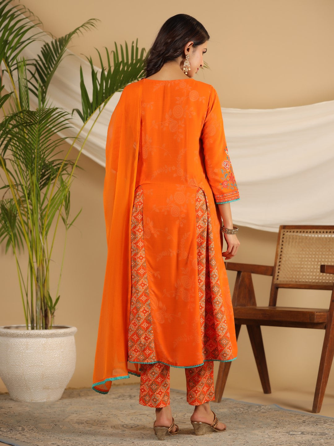 Juniper The Ornamental Bloom Orange Floral Print Kalidar Rayon Slub Kurta Pant & Dupatta Set With 3D Beads - Distacart