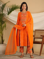 Thumbnail for Juniper The Ornamental Bloom Orange Floral Print Kalidar Rayon Slub Kurta Pant & Dupatta Set With 3D Beads - Distacart